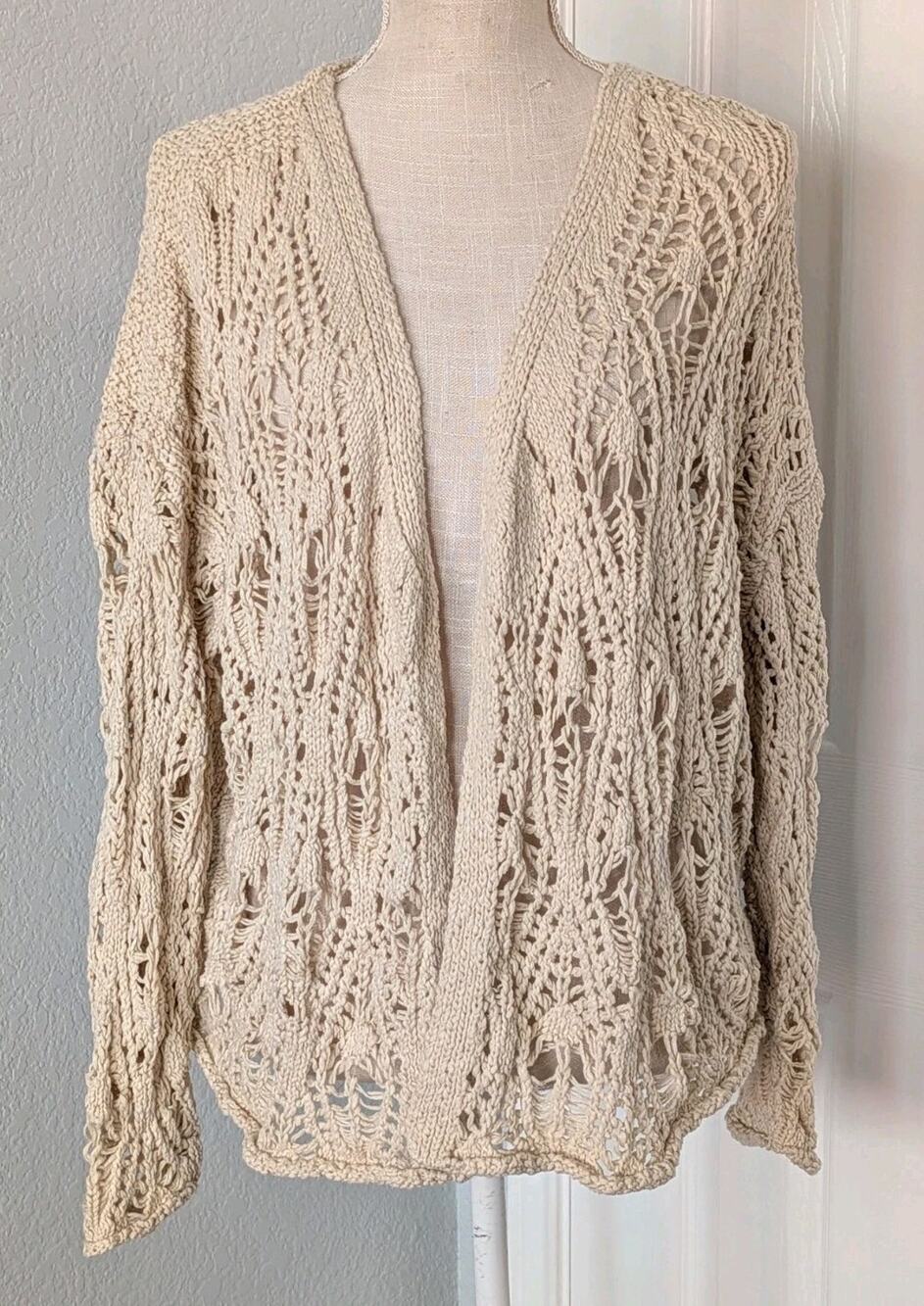 Natural Life Cardigan Crochet Womens MEDIUM Cream Cotton Sweater Boho Oversized
